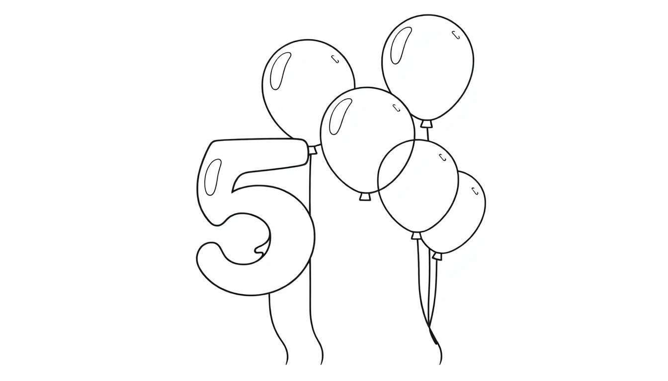 Zwart-wit kleurplaat van het getal 5 met zes ballonnen.