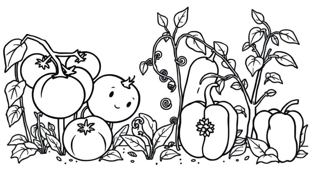 Kleurplaat van spelende tomaten, mini watermeloen en komkommer en paprika