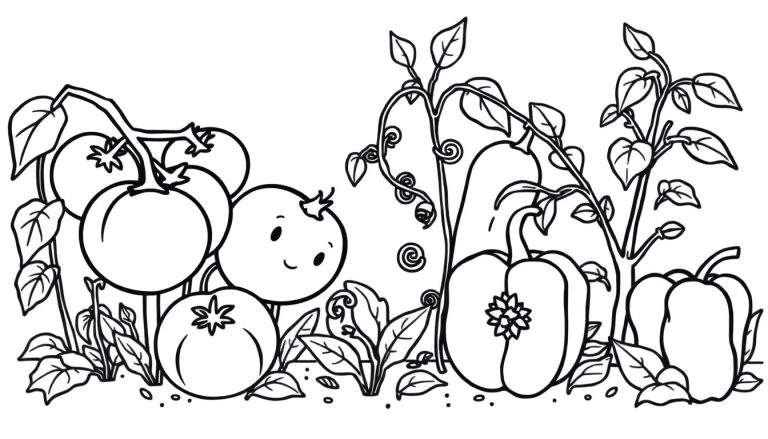 Kleurplaat van spelende tomaten, mini watermeloen en komkommer en paprika