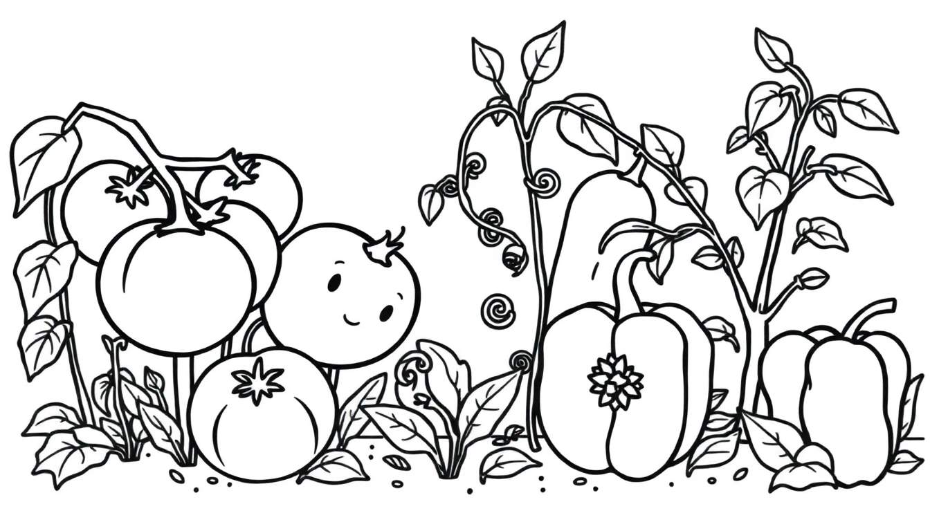 Kleurplaat van spelende tomaten, mini watermeloen en komkommer en paprika