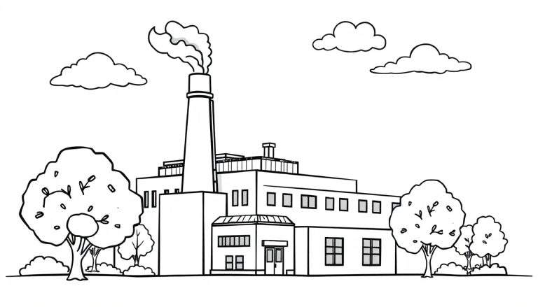 Kleurplaat van een fabriek met een schoorsteen en wolken.