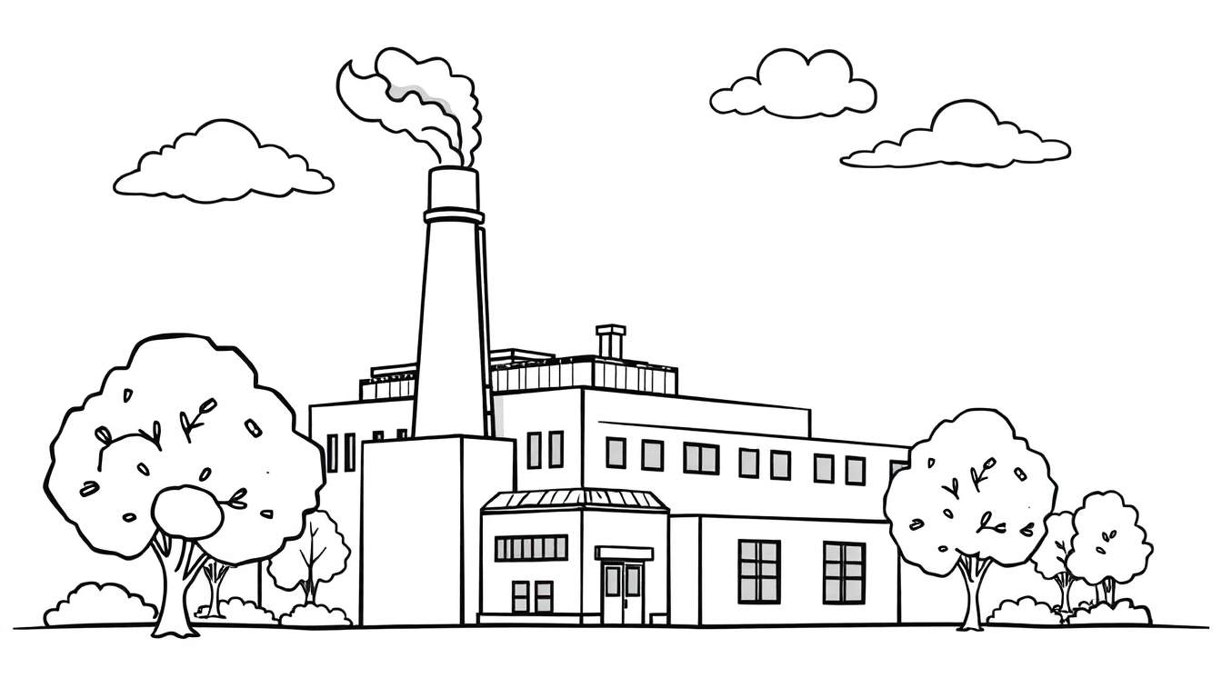 Kleurplaat van een fabriek met een schoorsteen en wolken.