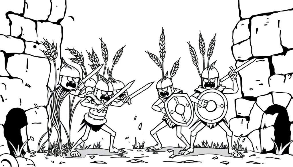 Kleurplaat van strijdende Romeinse soldaten tegen een stenen muur met gras.