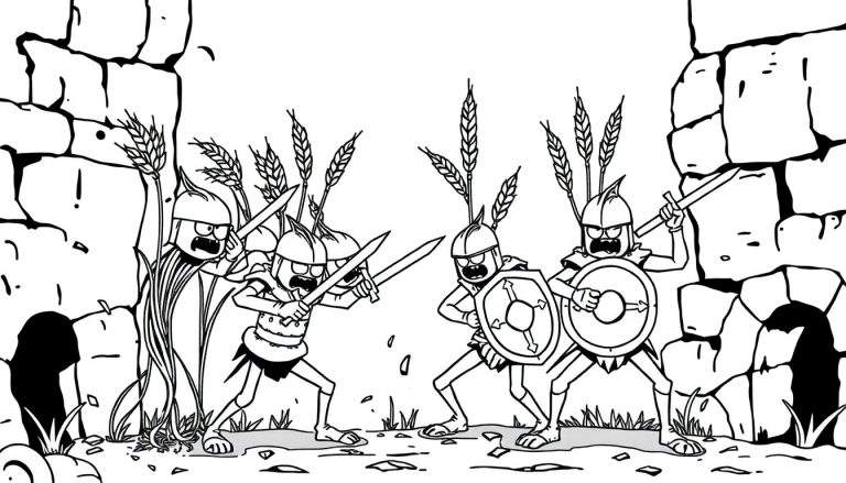 Kleurplaat van strijdende Romeinse soldaten tegen een stenen muur met gras.