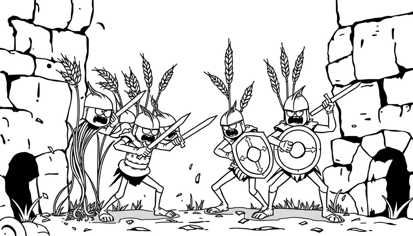 Kleurplaat van strijdende Romeinse soldaten tegen een stenen muur met gras.