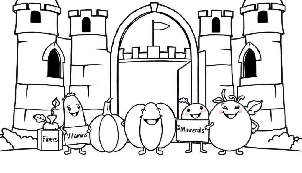 Vrolijk kasteel met lachende groenten en fruit, als kleurplaat.