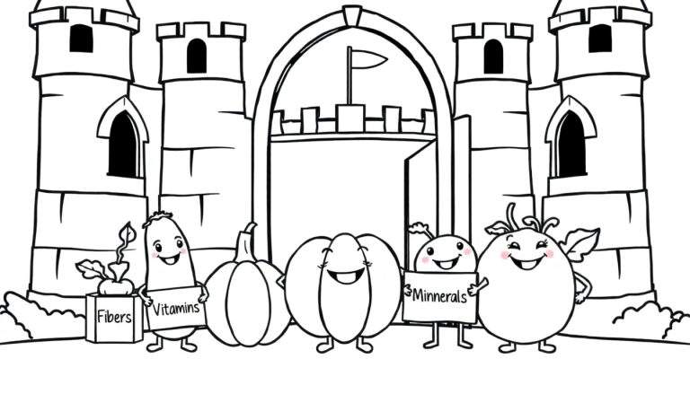 Vrolijk kasteel met lachende groenten en fruit, als kleurplaat.