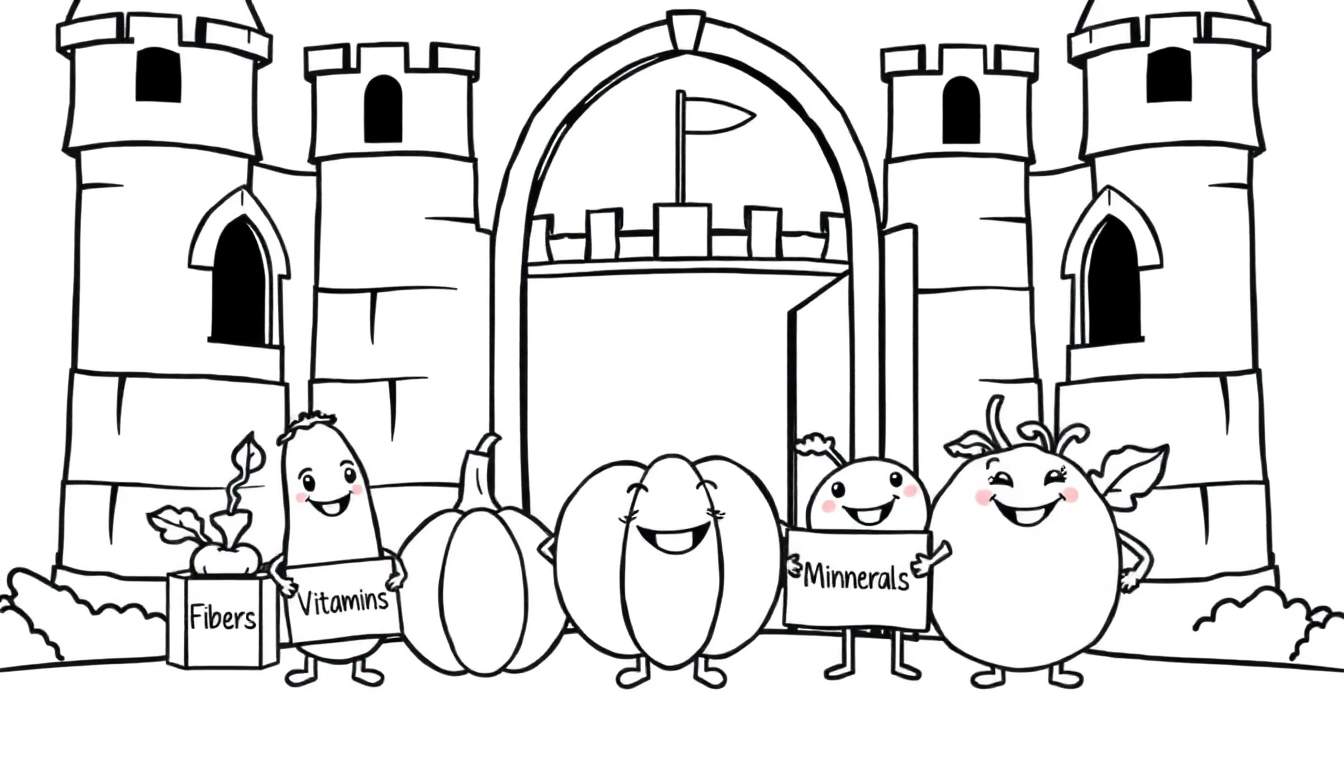 Vrolijk kasteel met lachende groenten en fruit, als kleurplaat.