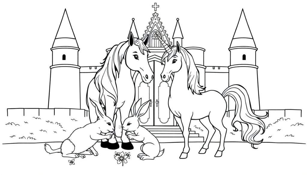 Een kleurplaat van een sprookjeskasteel met een eenhoorn, een paard en twee konijnen.