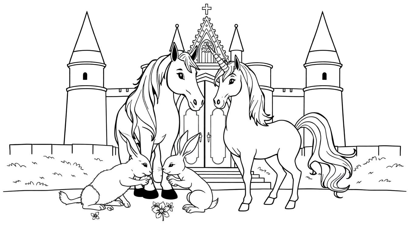 Een kleurplaat van een sprookjeskasteel met een eenhoorn, een paard en twee konijnen.