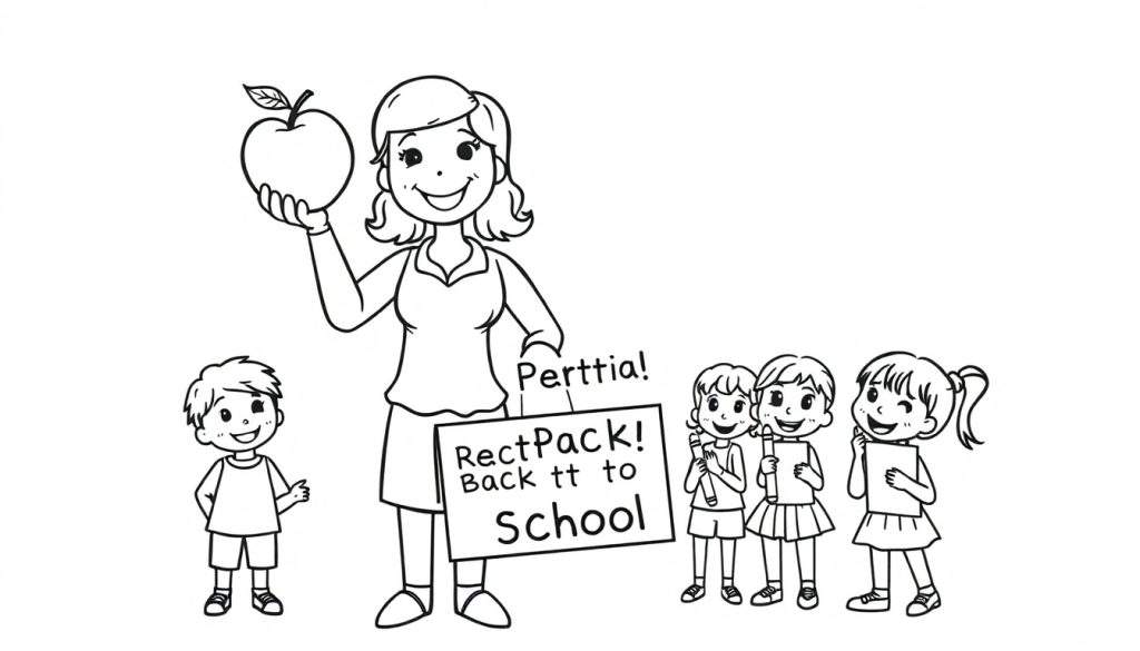 Kleurplaat van een lachende lerares met een appel, omringd door lachende kinderen, klaar voor het schooljaar.