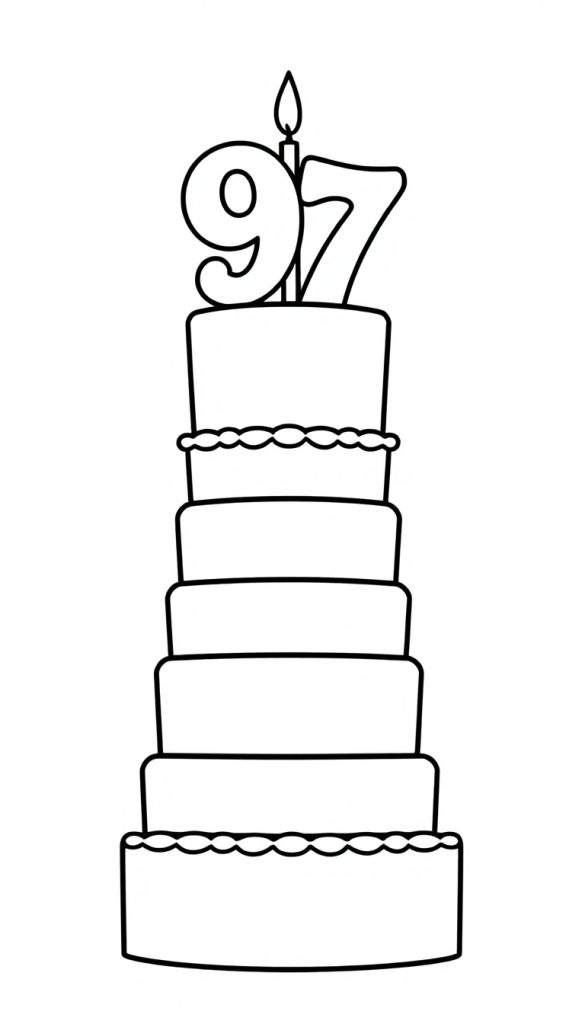 Zwart-witte tekening van een zevenlaagse taart met '97' en een kaars als versiering, een kleurplaat voor verjaardagen.