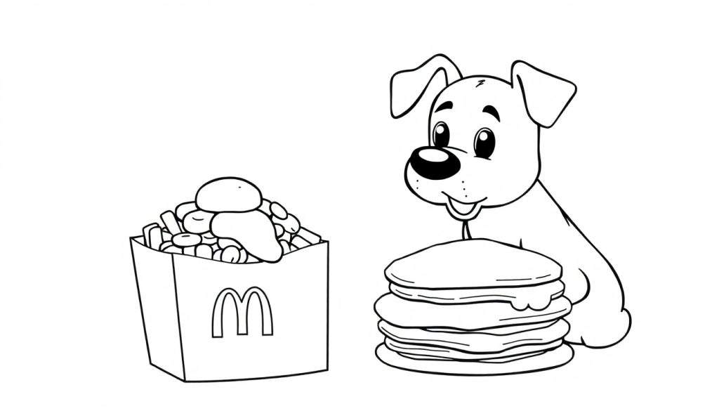 Een zwart-wit kleurplaat van een hondje dat naar pannenkoeken en McDonald's frietjes kijkt.