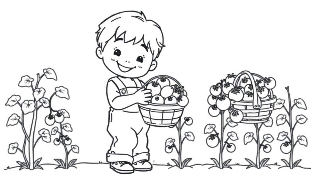 Zwart-wit kleurplaat van een jongen die tomaten oogst in een tuin.