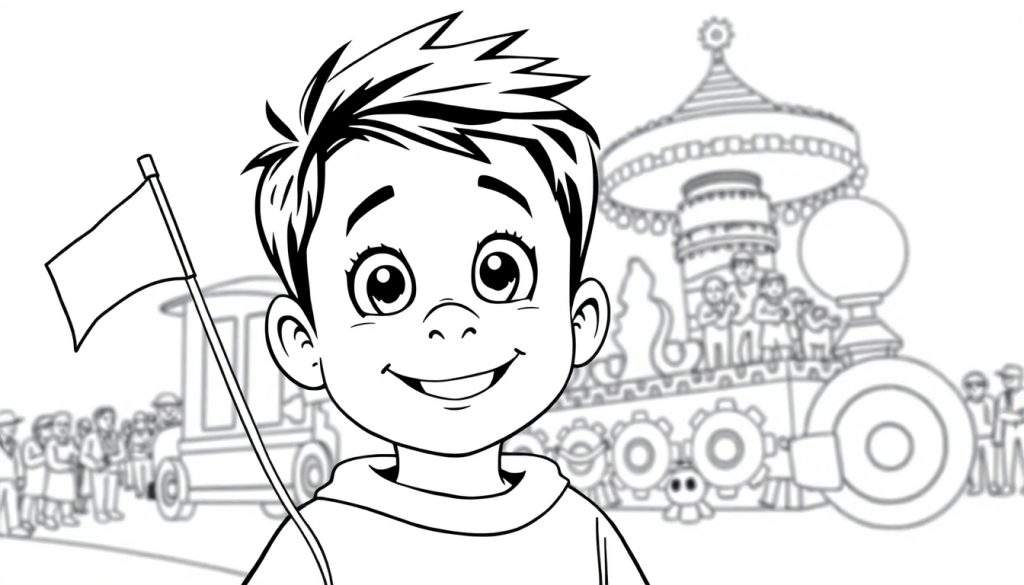 Kleurplaat van een lachende jongen met een vlag die naar een parade kijkt.