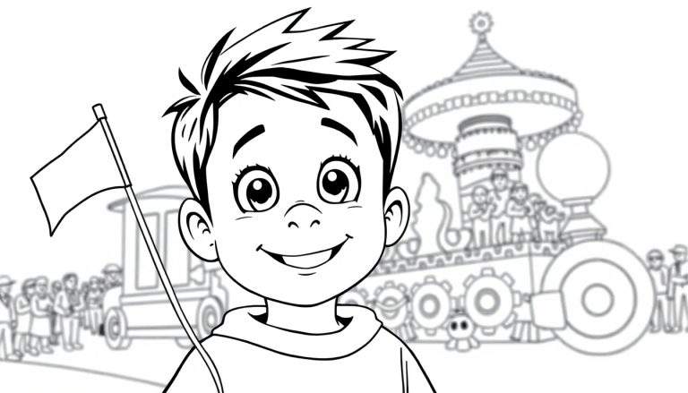 Kleurplaat van een lachende jongen met een vlag die naar een parade kijkt.