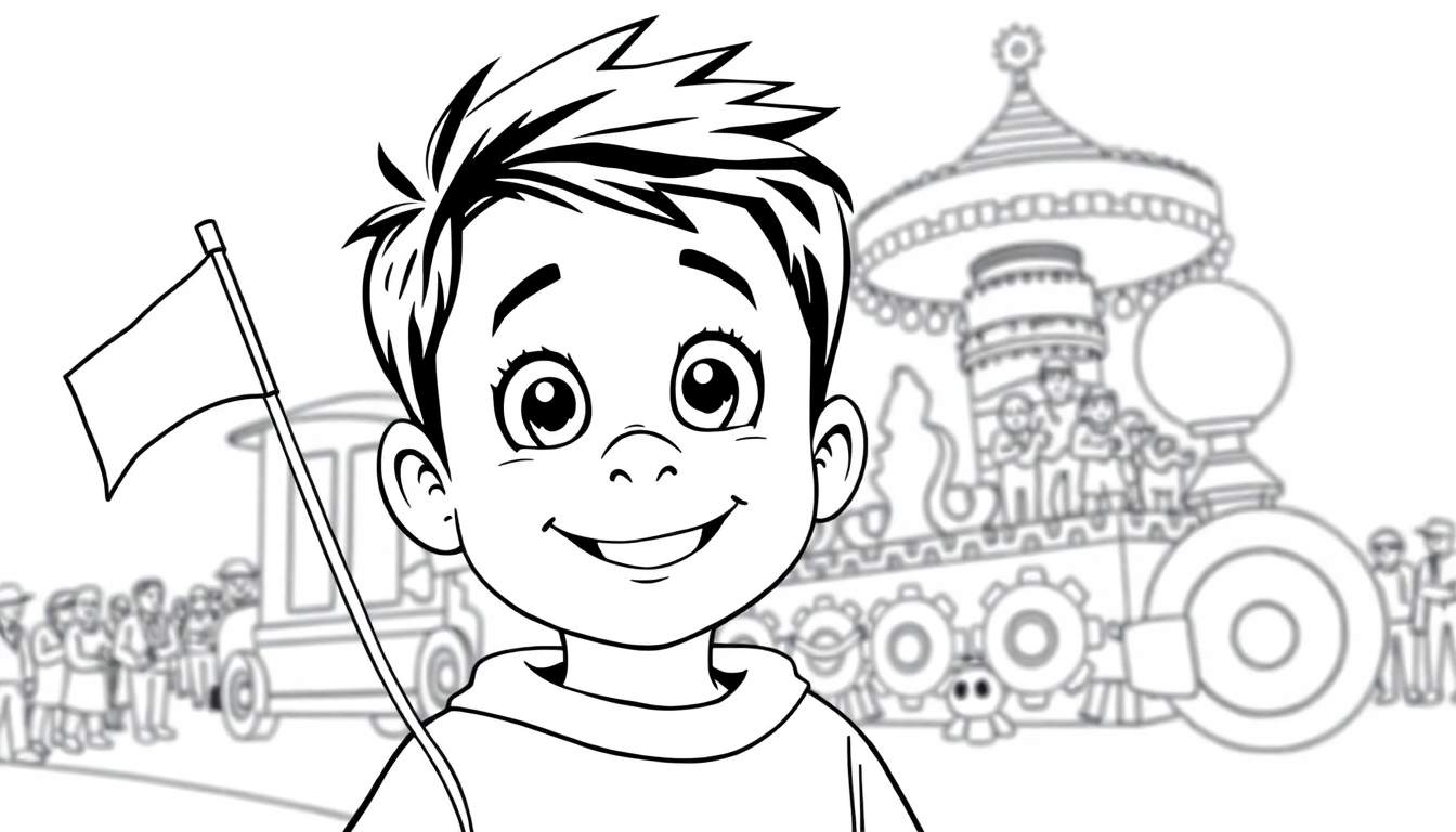 Kleurplaat van een lachende jongen met een vlag die naar een parade kijkt.