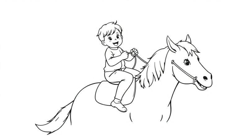 Zwart-wit kleurplaat van een lachende jongen op een paard.