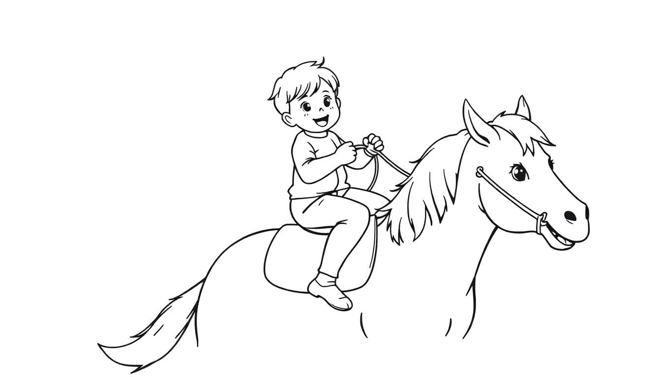 Zwart-wit kleurplaat van een lachende jongen op een paard.