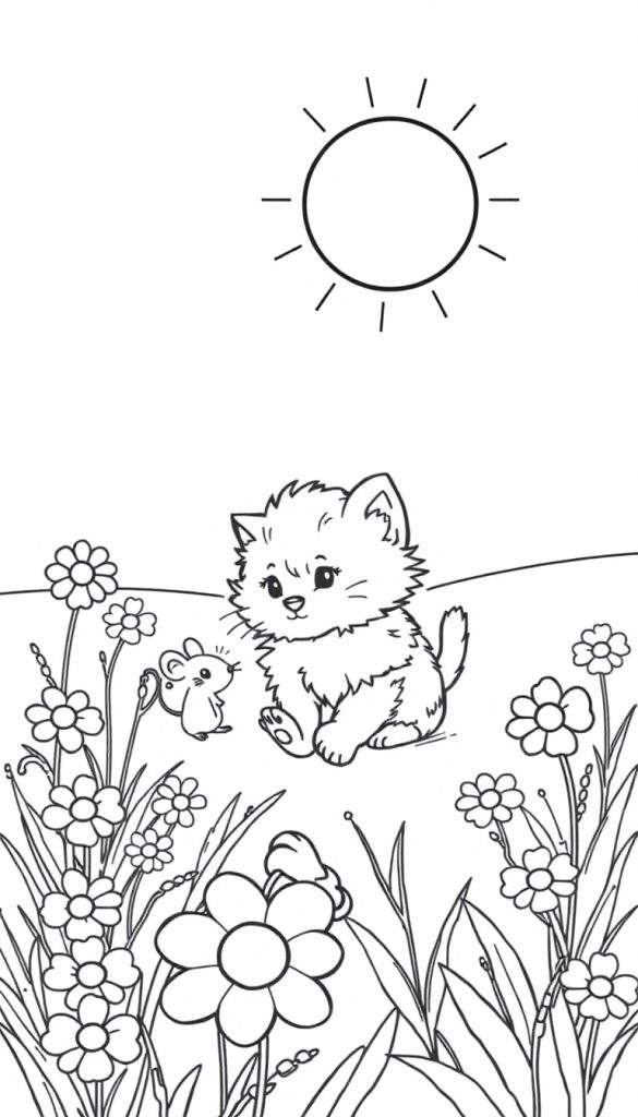 Zwart-wit kleurplaat van een katje en muis in de tuin.