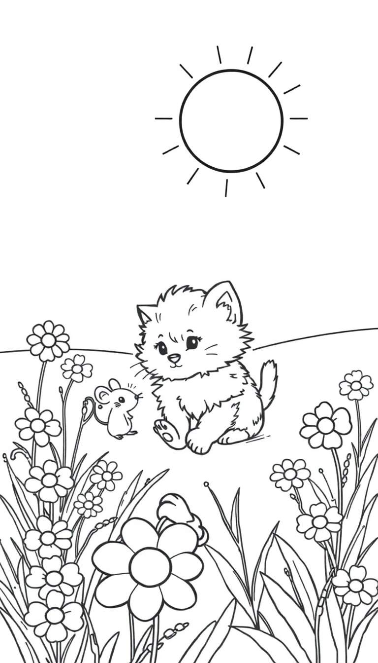 Zwart-wit kleurplaat van een katje en muis in de tuin.
