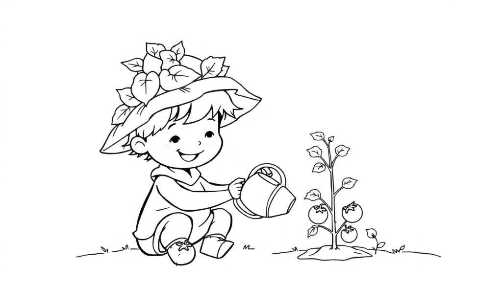 Een zwart-wit kleurplaat van een kind met een strohoed dat een tomatenplant water geeft.