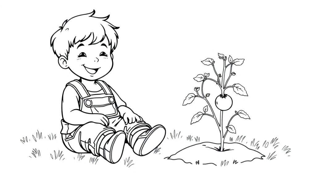 Kleurplaat van een jongen die naast een tomatenplant zit.