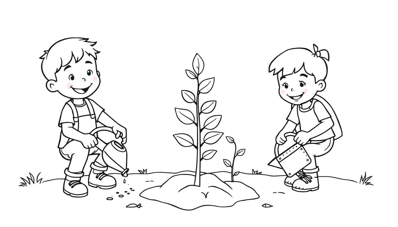 Kleurplaat van twee kinderen die water geven aan een pas geplante boom.