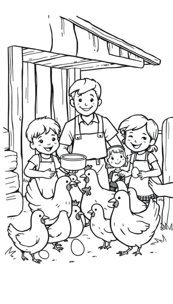 Kleurplaat van een boer en kinderen die eieren verzamelen bij kippen.