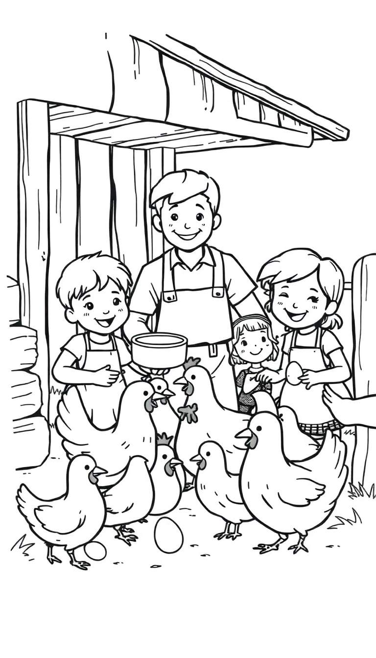 Kleurplaat van een boer en kinderen die eieren verzamelen bij kippen.