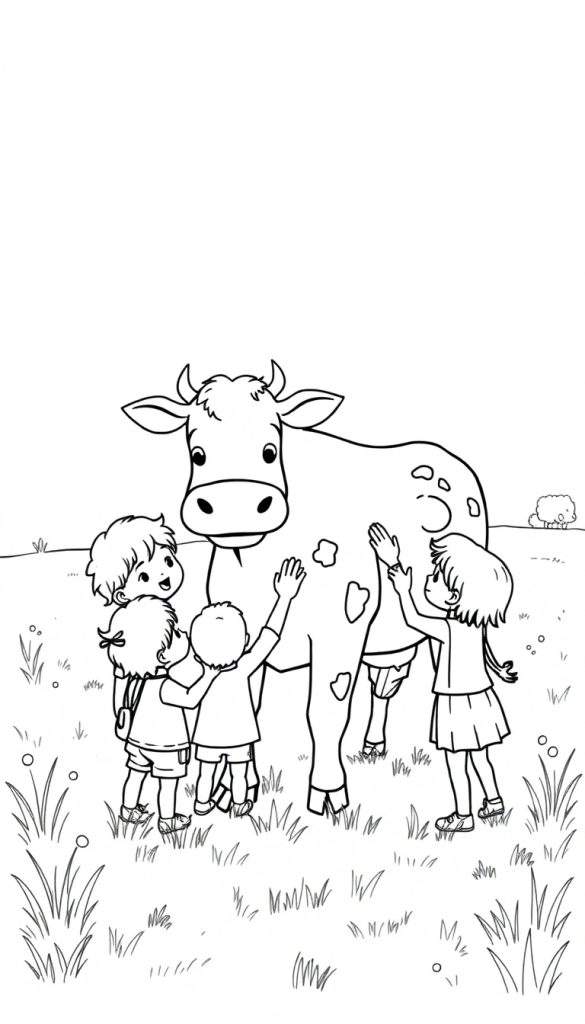 Een zwart-wit kleurplaat van kinderen die een koe aaien op een grasveld.