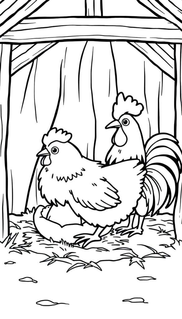 Een zwart-wit kleurplaat van een kippenhok met een hen op een nest en een haan erachter.