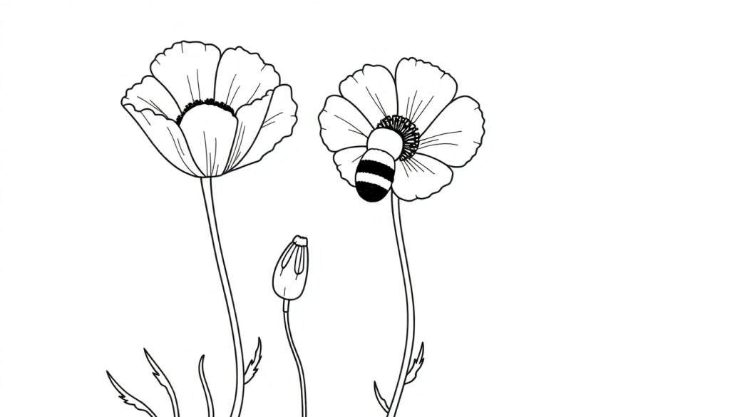 Kleurplaat van klaprozen met een bij