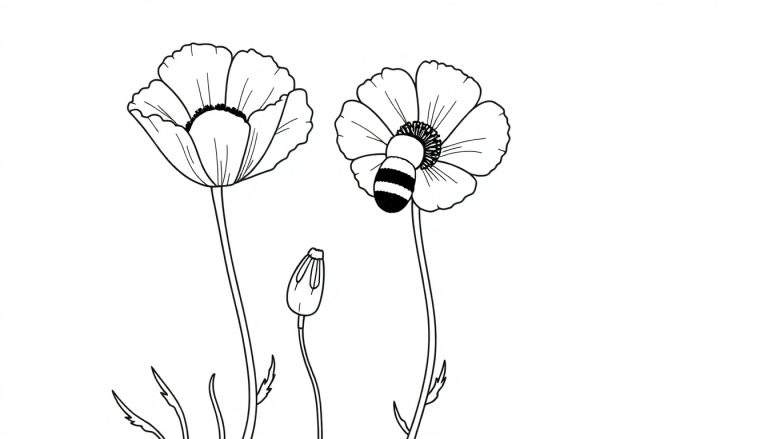 Kleurplaat van klaprozen met een bij