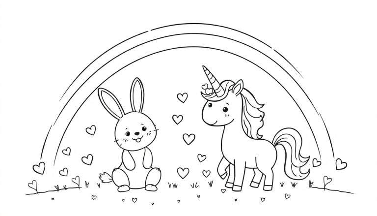 Kleurplaat van een schattig konijn en een eenhoorn onder een regenboog met hartjes.