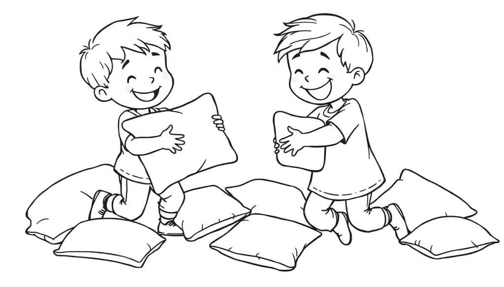 Kleurplaat van twee lachende kinderen die een kussengevecht voorbereiden met veel kussens.