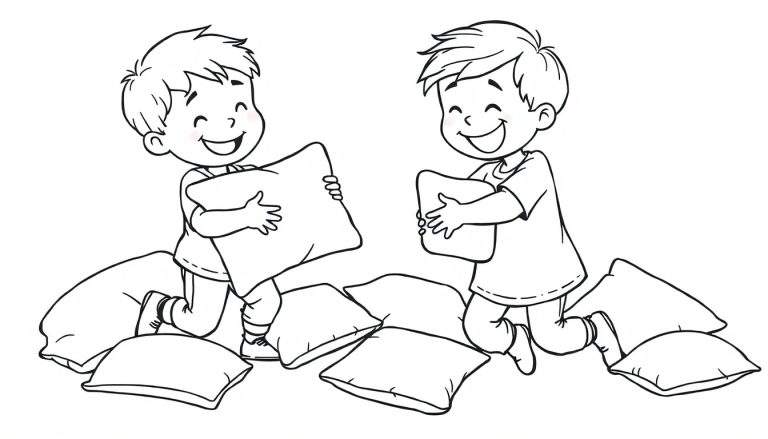 Kleurplaat van twee lachende kinderen die een kussengevecht voorbereiden met veel kussens.