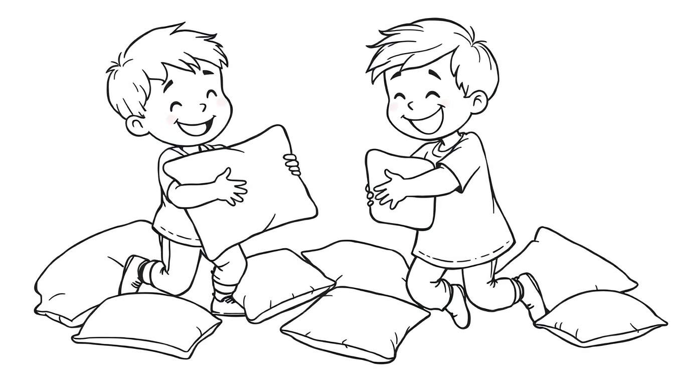 Kleurplaat van twee lachende kinderen die een kussengevecht voorbereiden met veel kussens.