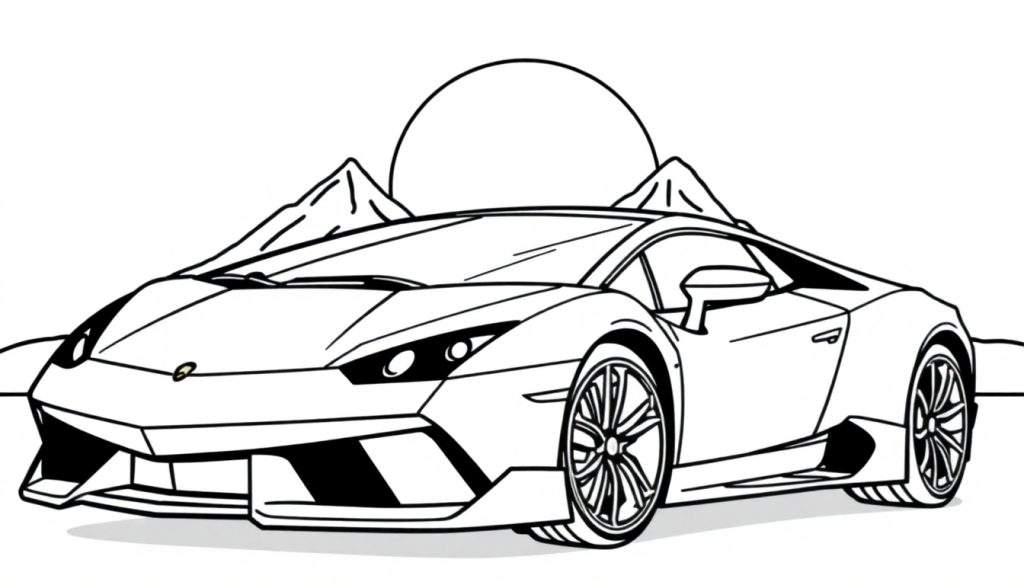 Kleurplaat van een rode Lamborghini sportwagen met bergen op de achtergrond.