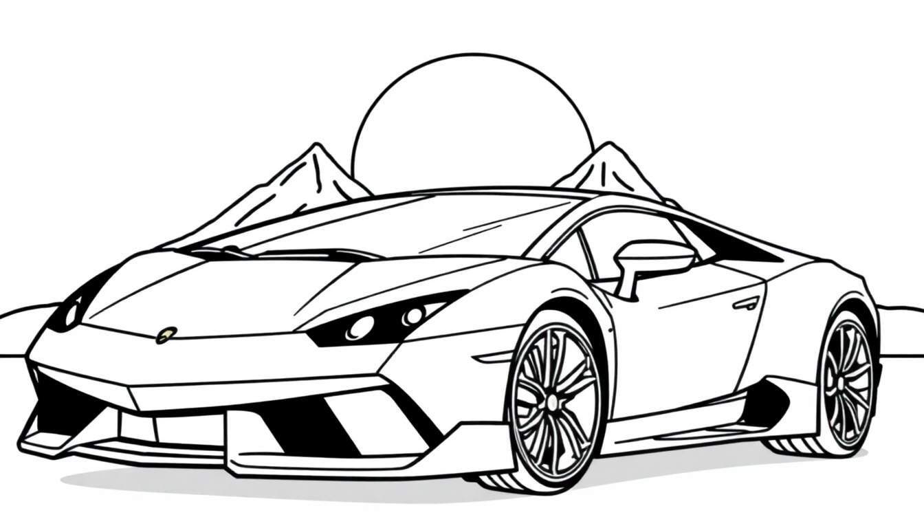 Kleurplaat van een rode Lamborghini sportwagen met bergen op de achtergrond.