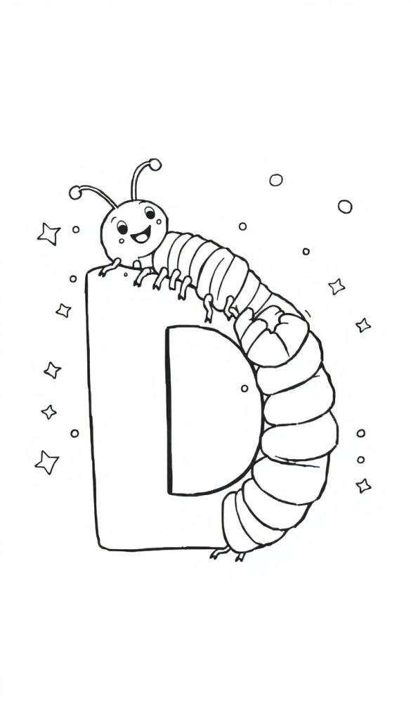 Kleurplaat van de letter D met een rups erop.