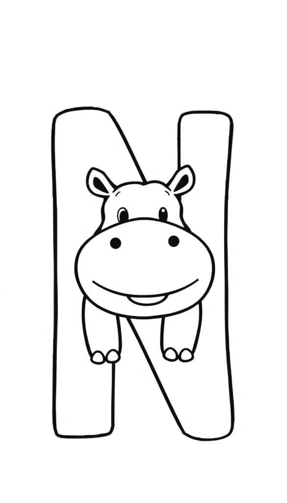 Gekleurde letter N met een lachend nijlpaard erop, als een kleurplaat.