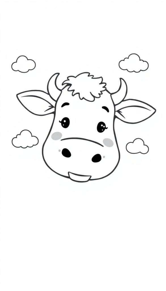 Kleurplaat van een schattig cartoonkoegezicht met grote ogen en kleine hoorntjes.