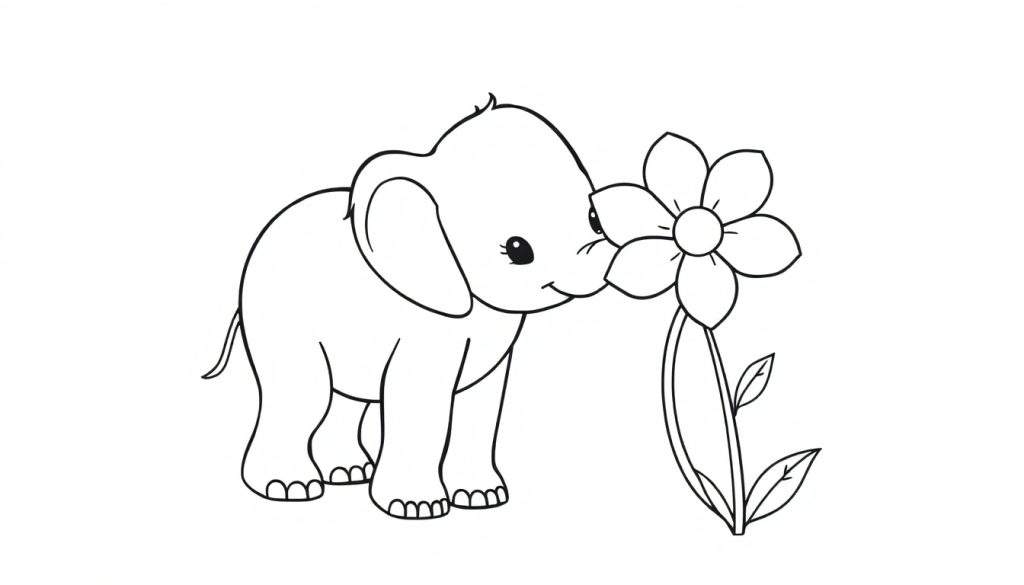 Babyelefantje dat aan een bloem ruikt, kleurplaat.