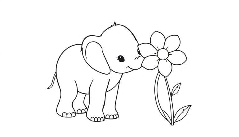 Babyelefantje dat aan een bloem ruikt, kleurplaat.