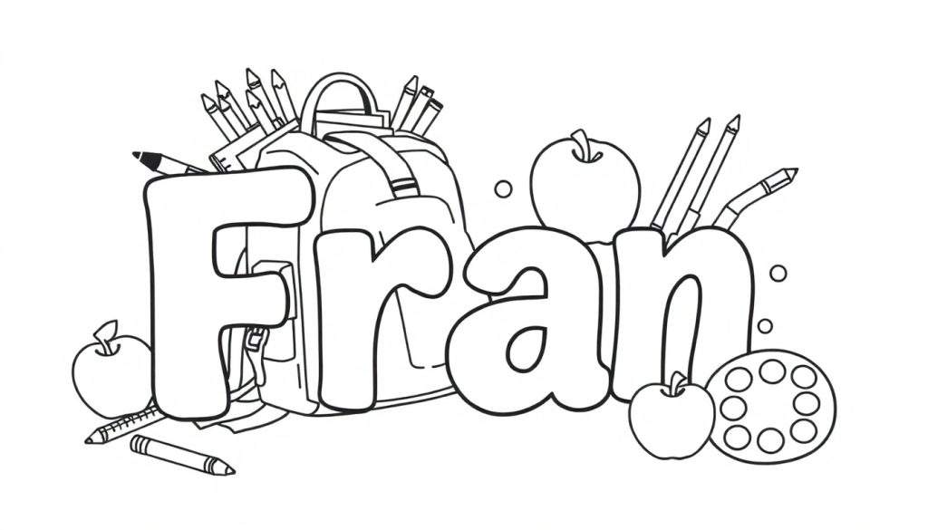 Kleurplaat met de naam Fran omringd door schoolbenodigdheden zoals een rugzak, potloden en appels.