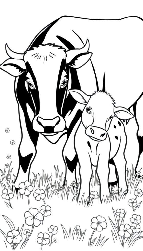 Kleurplaat van een koe en kalf in een wei.