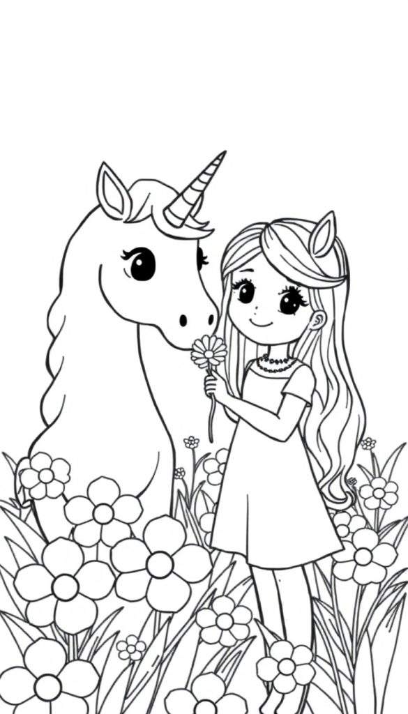 Kleurplaat van een meisje dat een bloem vasthoudt met een eenhoorn in een bloemenveld.