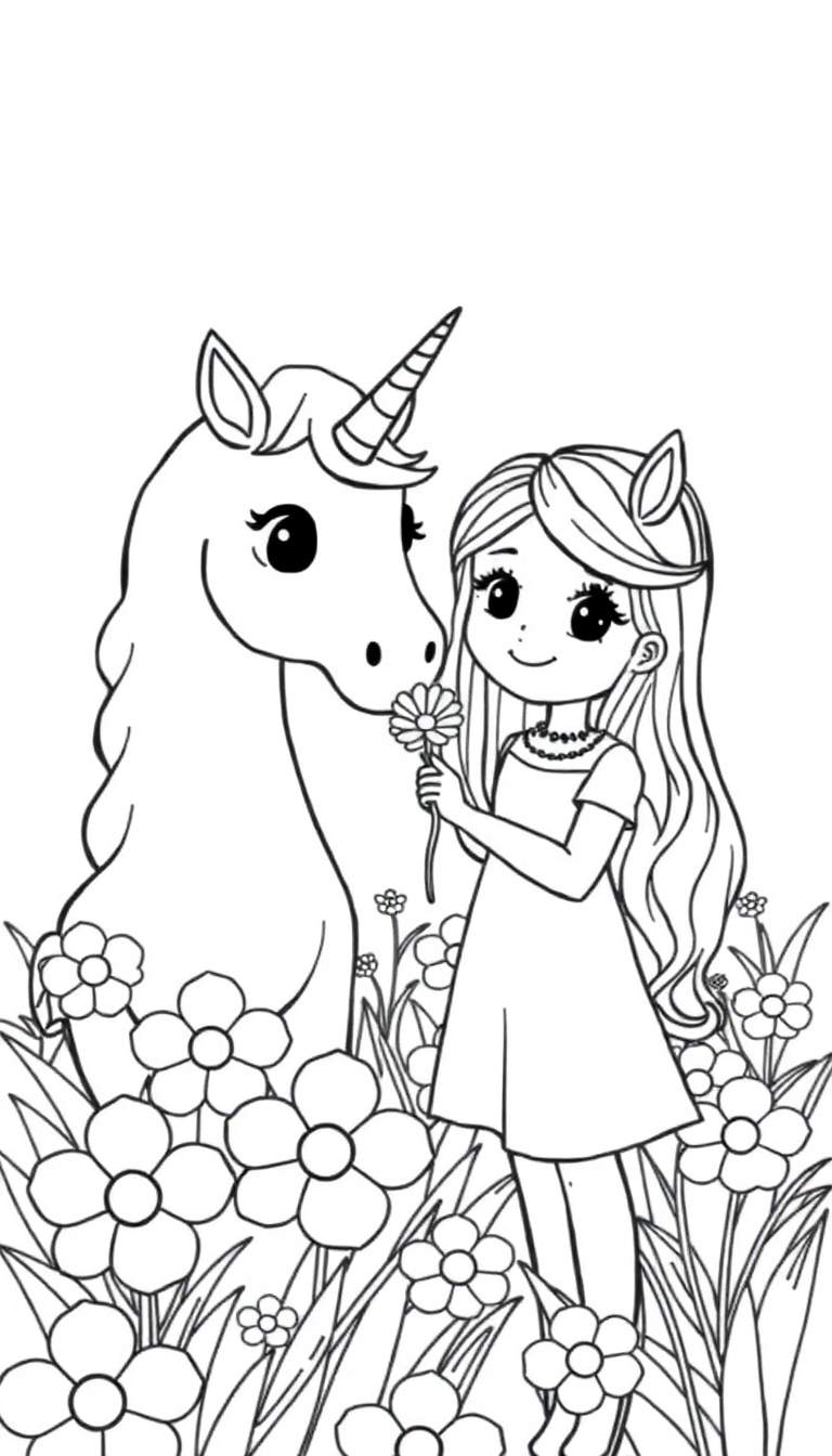 Kleurplaat van een meisje dat een bloem vasthoudt met een eenhoorn in een bloemenveld.