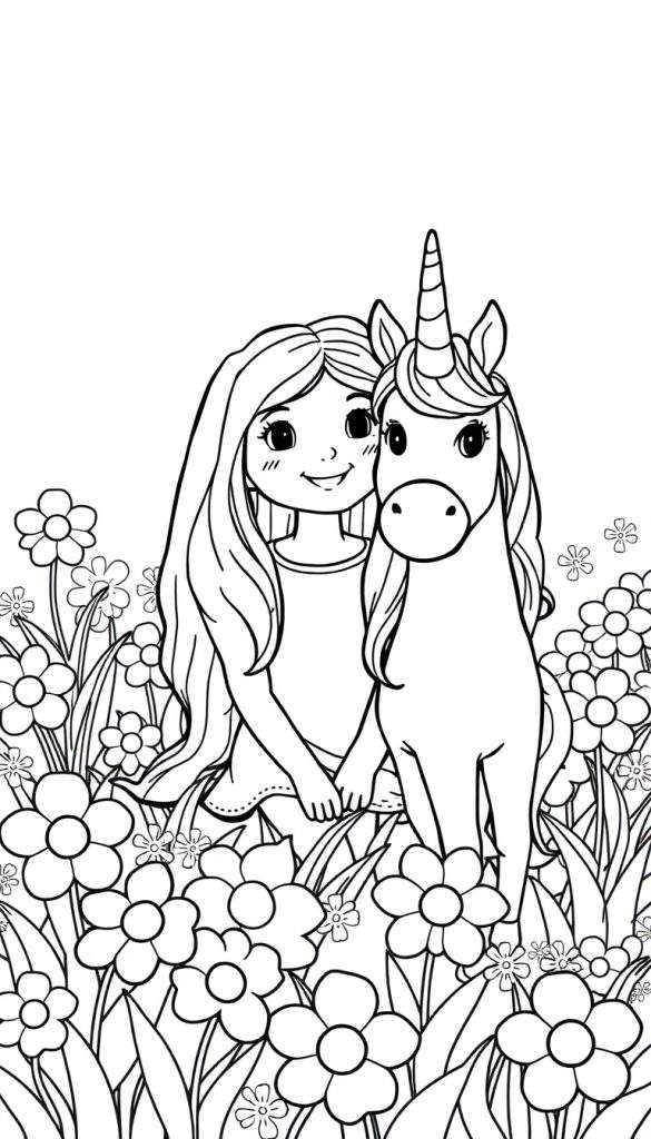 Een meisje met lang haar omhelst een eenhoorn in een bloemenveld - een kleurplaat.
